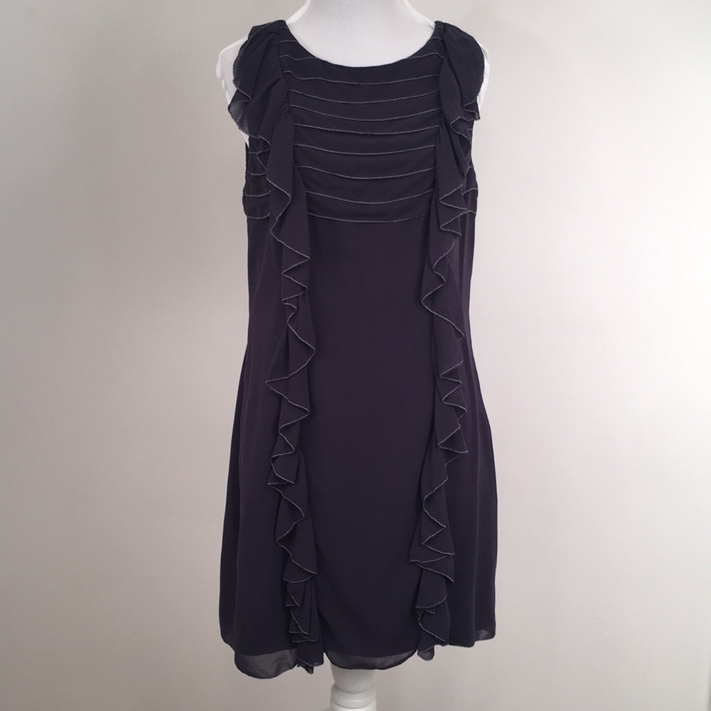 ✅ SOLD Navy Chiffon Ruffle Shift Dress - Side Zip